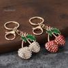 Decorative Cherry Keychain Double Rhinestone Keychain, Oil Dripping Green Leaf Fruit Compact Key Decor Car Ring, Accessories for Handbags Backpacks