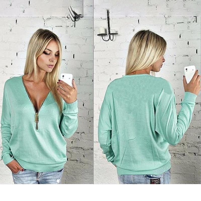 

Women Full Fashion Sleeve Sexy Deep V Neck Blouse Plus Size Zipper Sweater LightBlue,XXXL