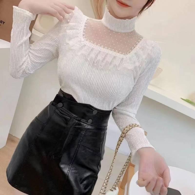 2025 Jaro/Podzim Sexy & Stylová Zlatá Sametová Síťovaná Halenka s Polovysokým Límcem pro Ženy