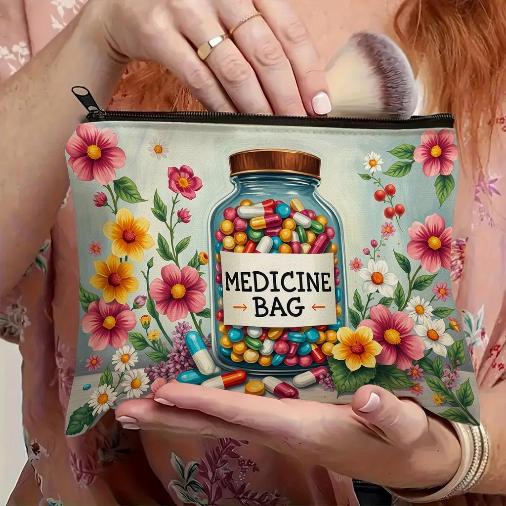 1pc Floral Medicine Bag Vibrant Cartoon Capsule Multi-Functional Cosmetic Travel Storage Pouch with Zipper Travel Essentials Bag