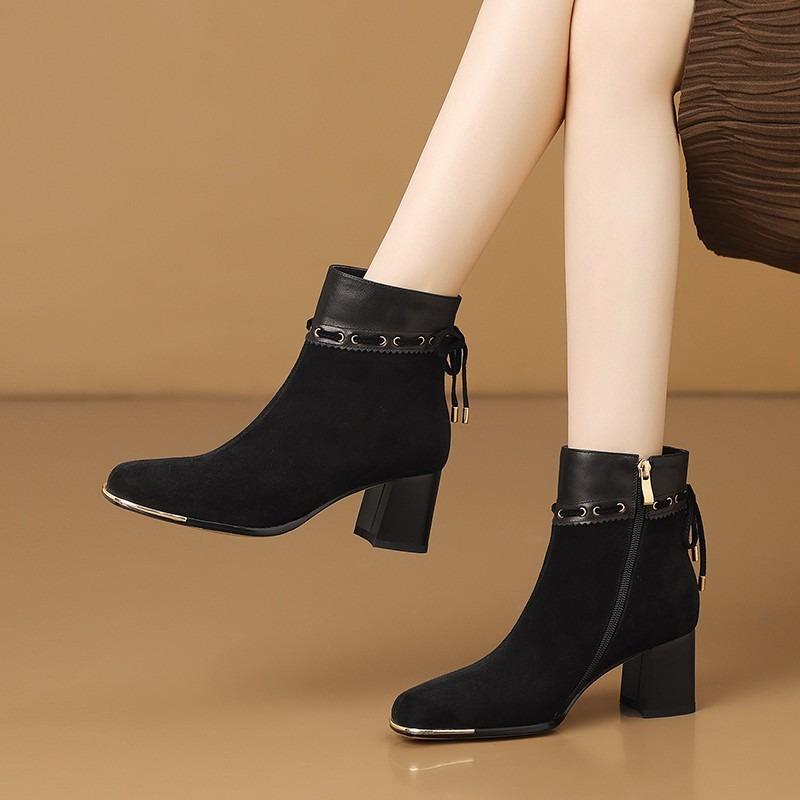 Square Toe Suede Block Heel Booties Autumn New Skinny Boots Versatile Medium Heel Plus Size Women's Naked Boots