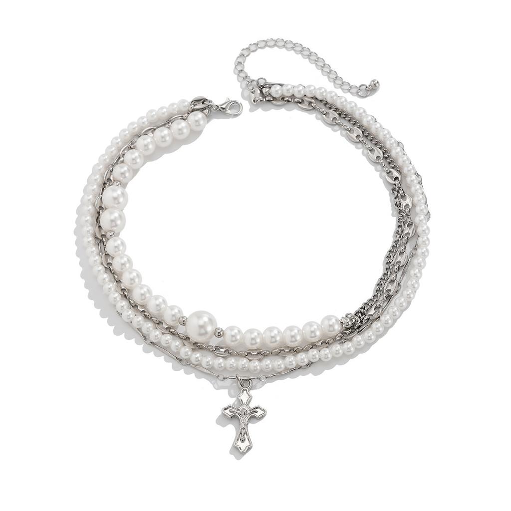 Vintage Imitation Pearl Beaded Necklace Choker Cold Wind Hip Hop Riveted Cross Item Jewelry