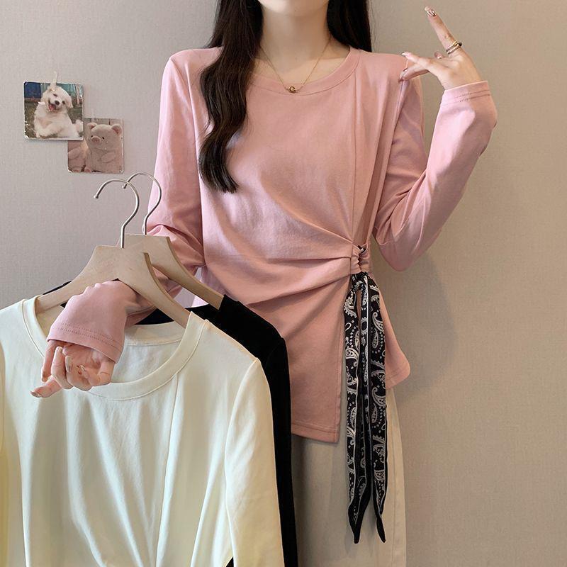 Designer Plus Size Long Sleeve Flowy T-Shirt for Women - Round Neck, Flattering Spring/Autumn Top