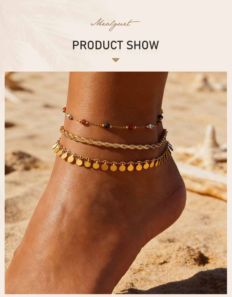 3 Layers Gold Plated Anklet Set for Women Nature Stone Bead Bohe Disc Charm Stainless Steel Beach Foot Jewelry