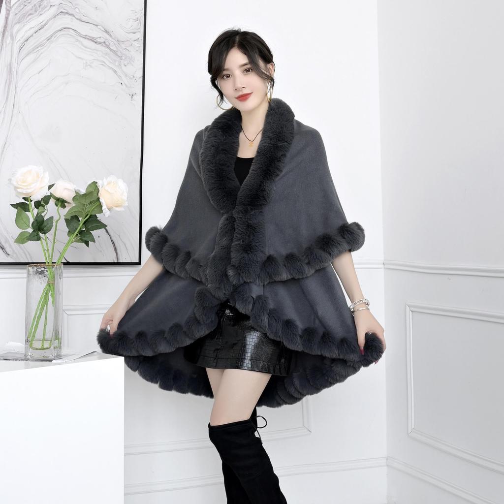 Plus Size Women's Knitted Cardigan with Imitation Rex Rabbit Fur Collar - Autumn/Winter Cape Shawl