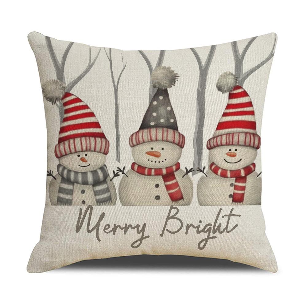 New Christmas Set Linen Pillow Cartoon Snowman Print Cushion Indoor Festive Decoration Sofa Pillow