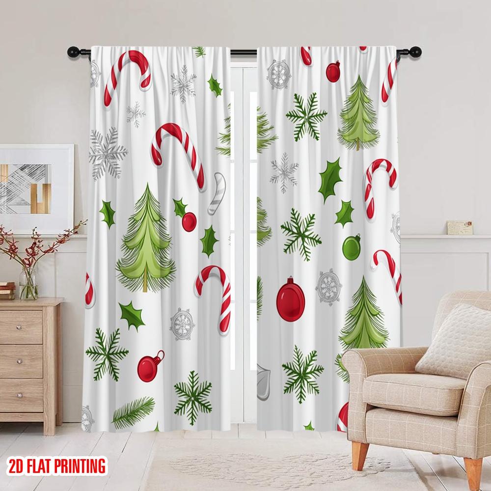 2pcs,2D Plane Printing Popular Curtains Christmas Baubles Trees Candy Canes (2) Polyester (without Rod) Festive Ldeal for