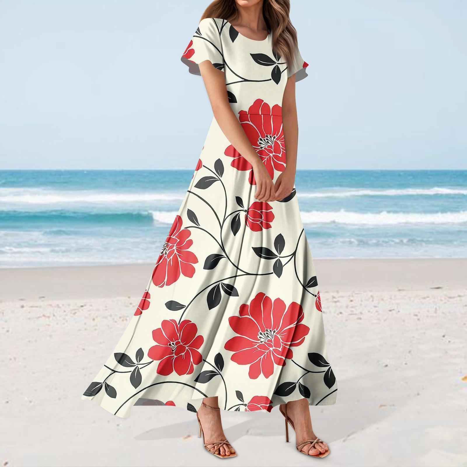 

Женское повседневное платье с гавайским принтом, круглым вырезом, короткими рукавами и высокой талией XL киноварь