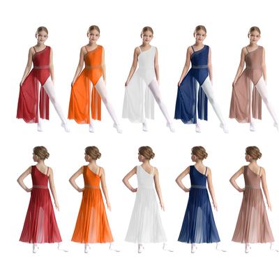 Kids Girls Modern Lyrical Dance Dress Ballet Gymnastics Performance Costume Rhinestone Side Split Sheer Mesh Leotard Dancewear