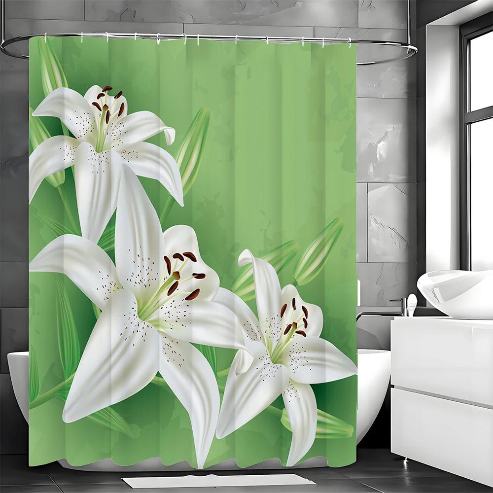 Fresh Lily Green Shower Curtain, Bathroom Decorative Shower Curtain, Waterproof Shower Curtain with Hooks W90xH180cm