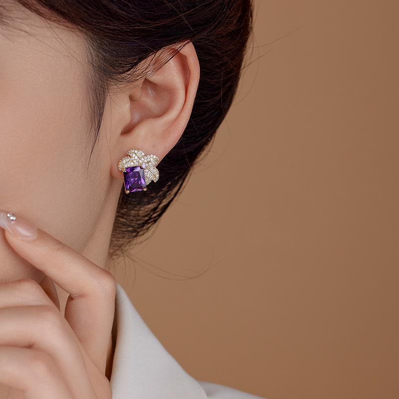 S925 Silver Needle Luxury Zircon Flower Earrings - Shimmering Square Studs for Women