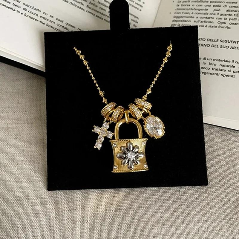 Charming Cross Lock Pendant Necklace Women Zircon Circle Fringe Minimalist Personality Retro Necklace Accessory Party Daily Gift