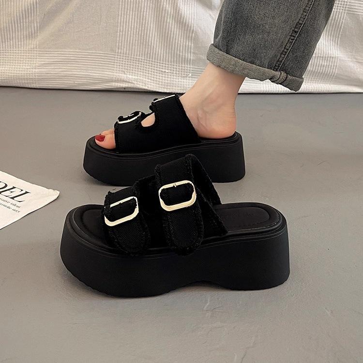Thick-soled Muffin Sandals Women's New Versatile Denim Cloth Slippers Sports Sandals European Goods Are Increasing