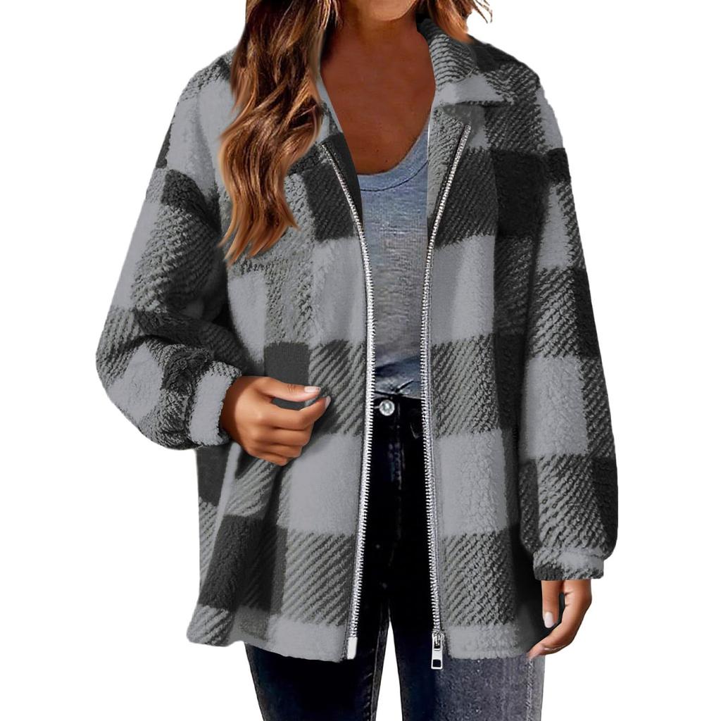 Fashionable Women's Plaid Lambskin Jacket With Pockets Button Plush Coat
