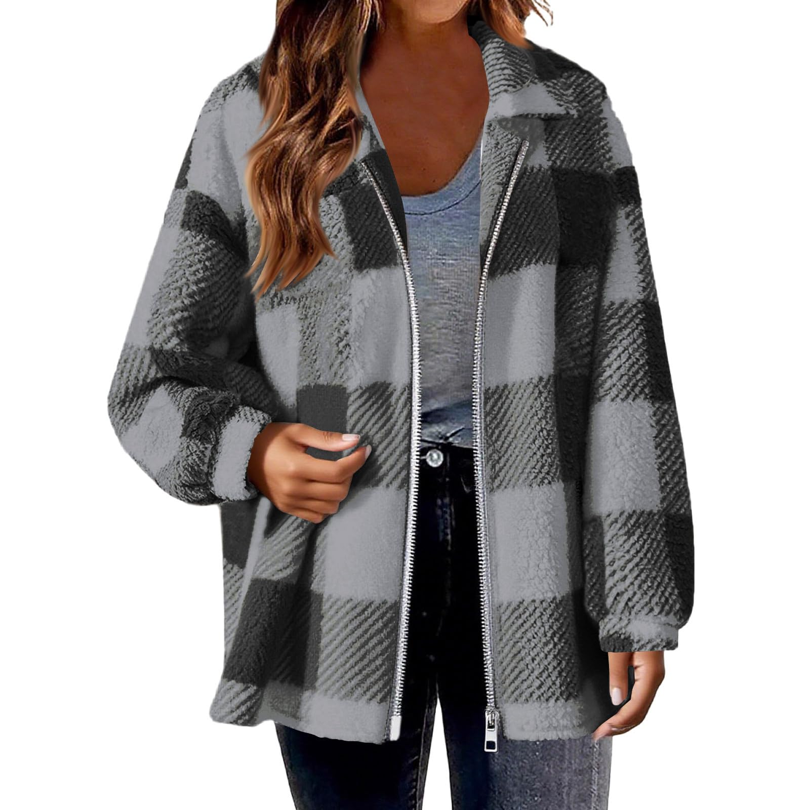 

Fashionable Women s Plaid Casual Jacket Zipper Plush Coat M