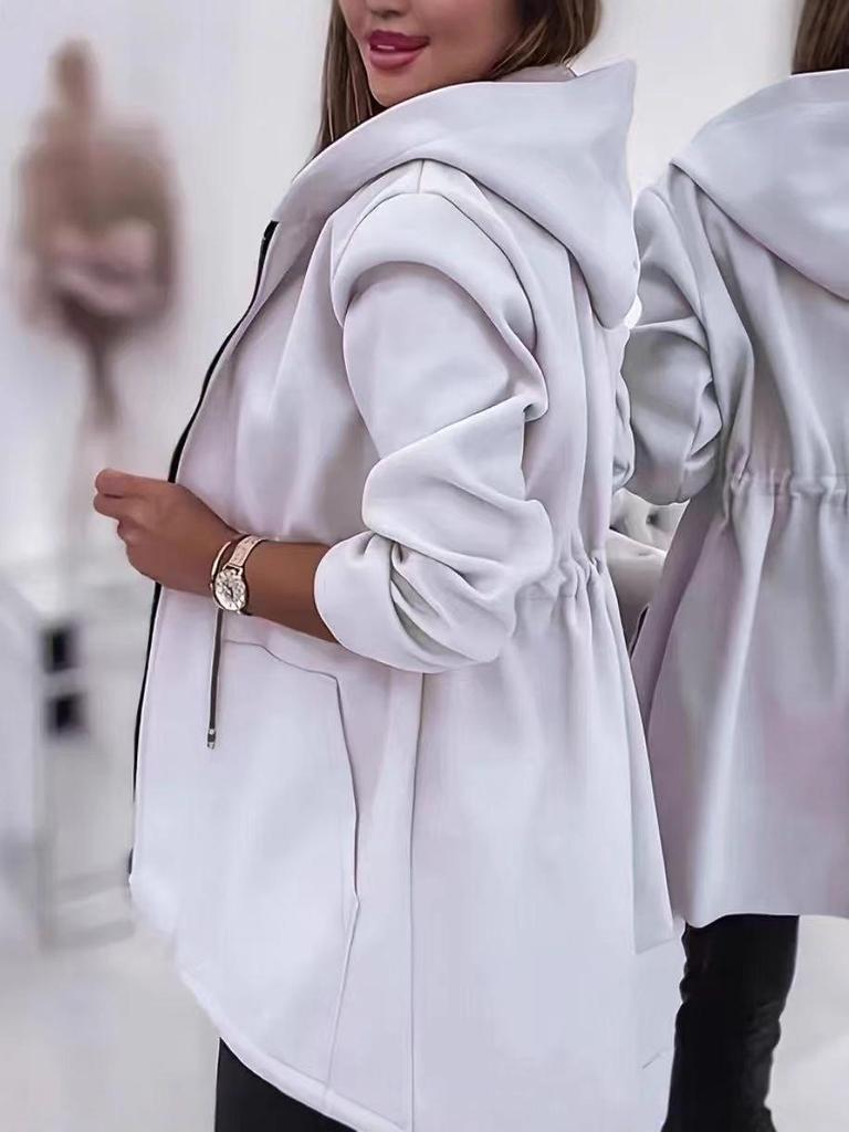 Europäische & Amerikanische Damenmode Reißverschluss Kapuzenjacke Mittellang mit Taillengürtel