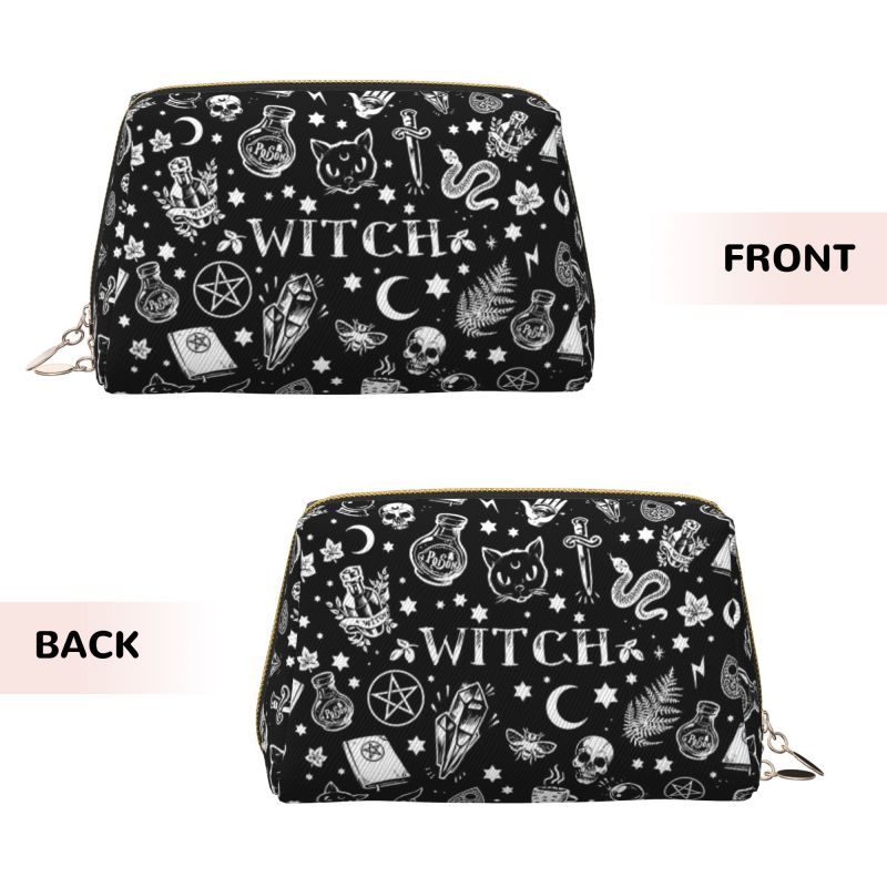 Black Witch Skull Moon Divination Leather Makeup Bag Large Travel Cosmetic Organizer Bag for Women Waterproof Toiletries Pouch