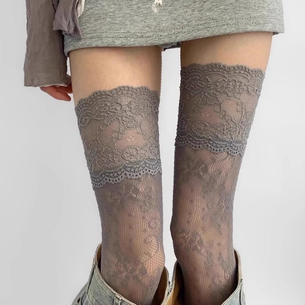 Breathable Lace Trim Stockings Floral Over The Knee Socks Sweet Thigh High Long Socks Girl