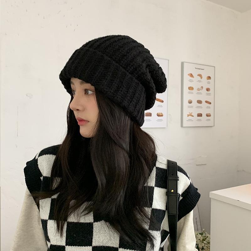Knitted Hat for Women in Autumn and Winter Warm Pullover Woolen Hat Outdoor Travel  Face Showing  Small Pile Hat  Trendy and Versatile