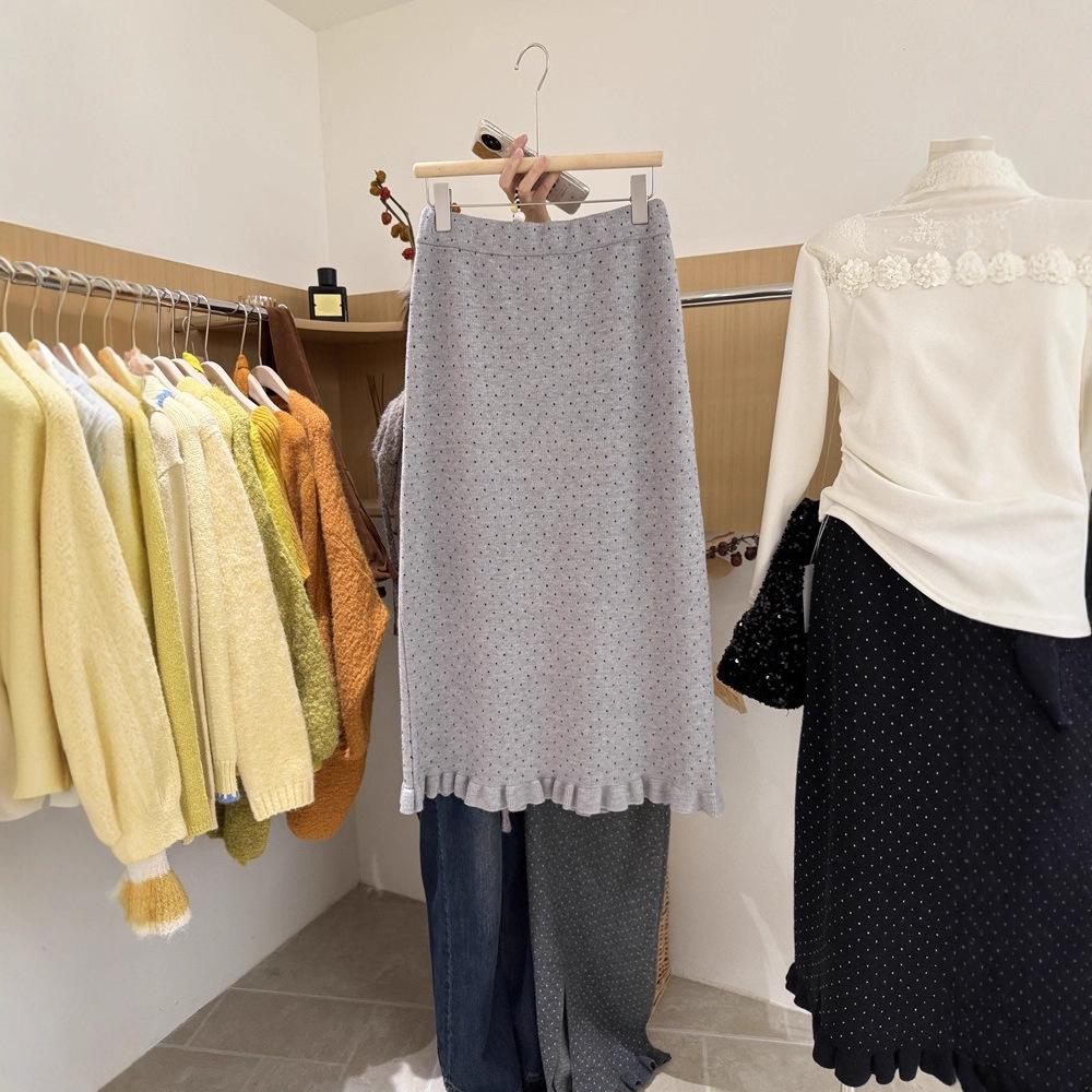 

Зимняя 2025 Корейская Тонкая Кружевная В горошек Вязаная Юбка Миди с Высокой Талией S