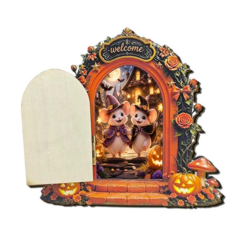 Wooden Indoor Halloween Arched Door Plaque Two Layer Sign with Round Adhesive Mounts for Party Entry Accent Use