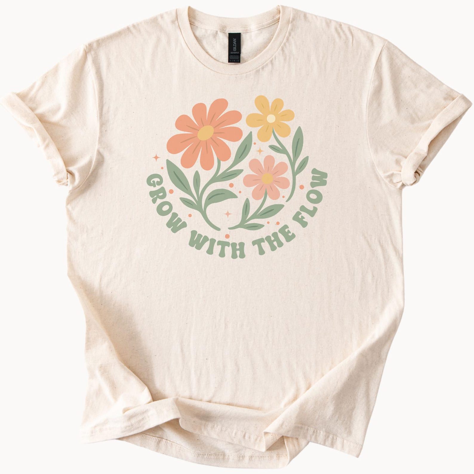 Grow With The Flow Floral Graphic T Shirt Retro Flower Power Positive Quote Tee Aesthetic Botanical Shirt Boho Nature Inspired Top 110
