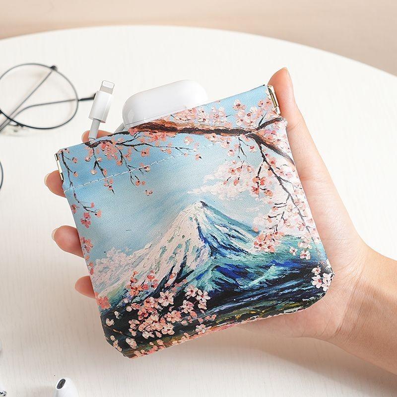 Oil-painting Fabric Auto-open Mini Makeup Pouch, Fits Cables, Charger, Lipstick & Earbuds, Artistic & Portable.