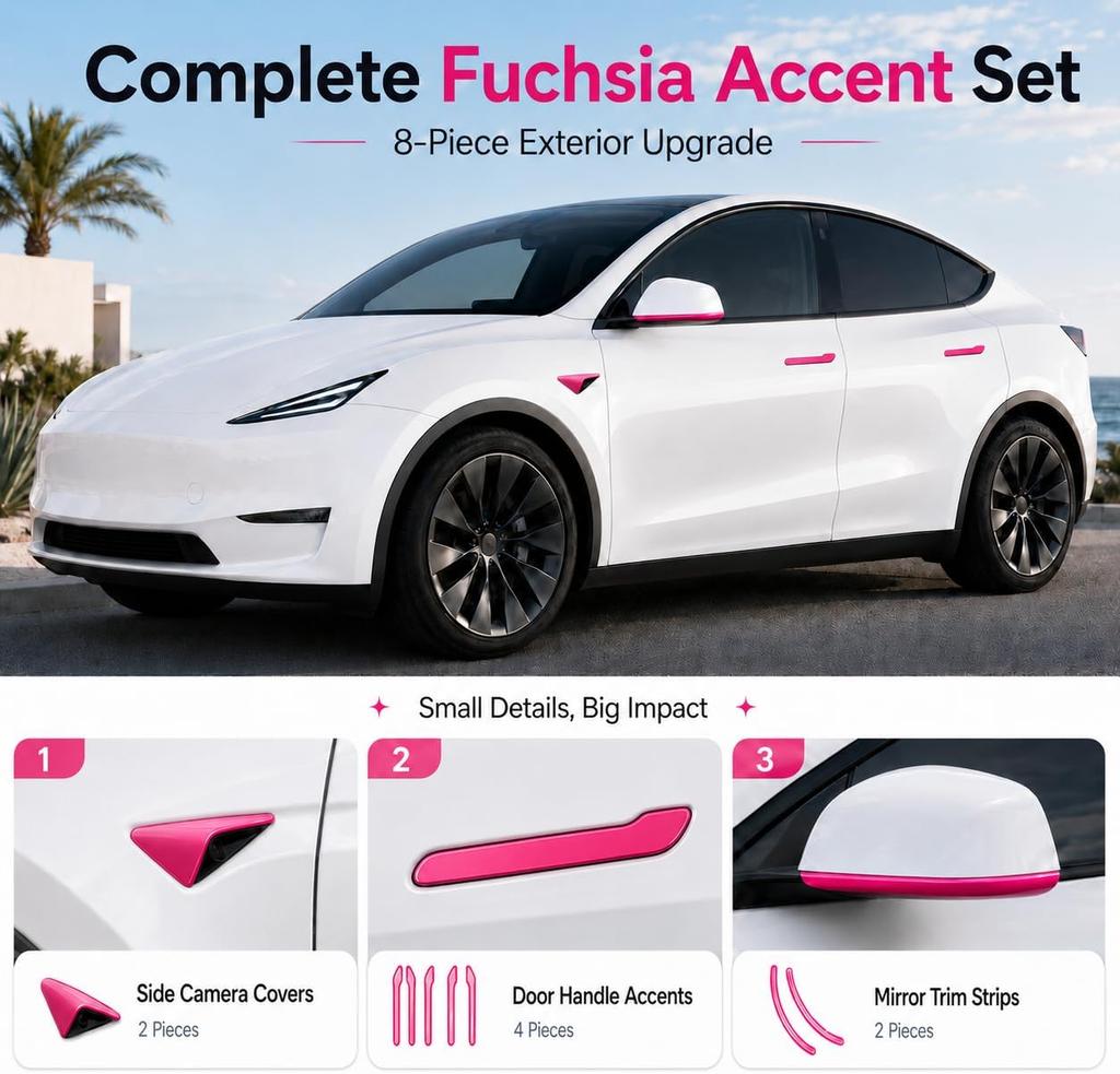 Fuchsia Pink Exterior Set for Tesla Model Y Model 3 2026 HW4.0 8PCS Door Handle Covers Side Camera Covers Mirror Trim Strips