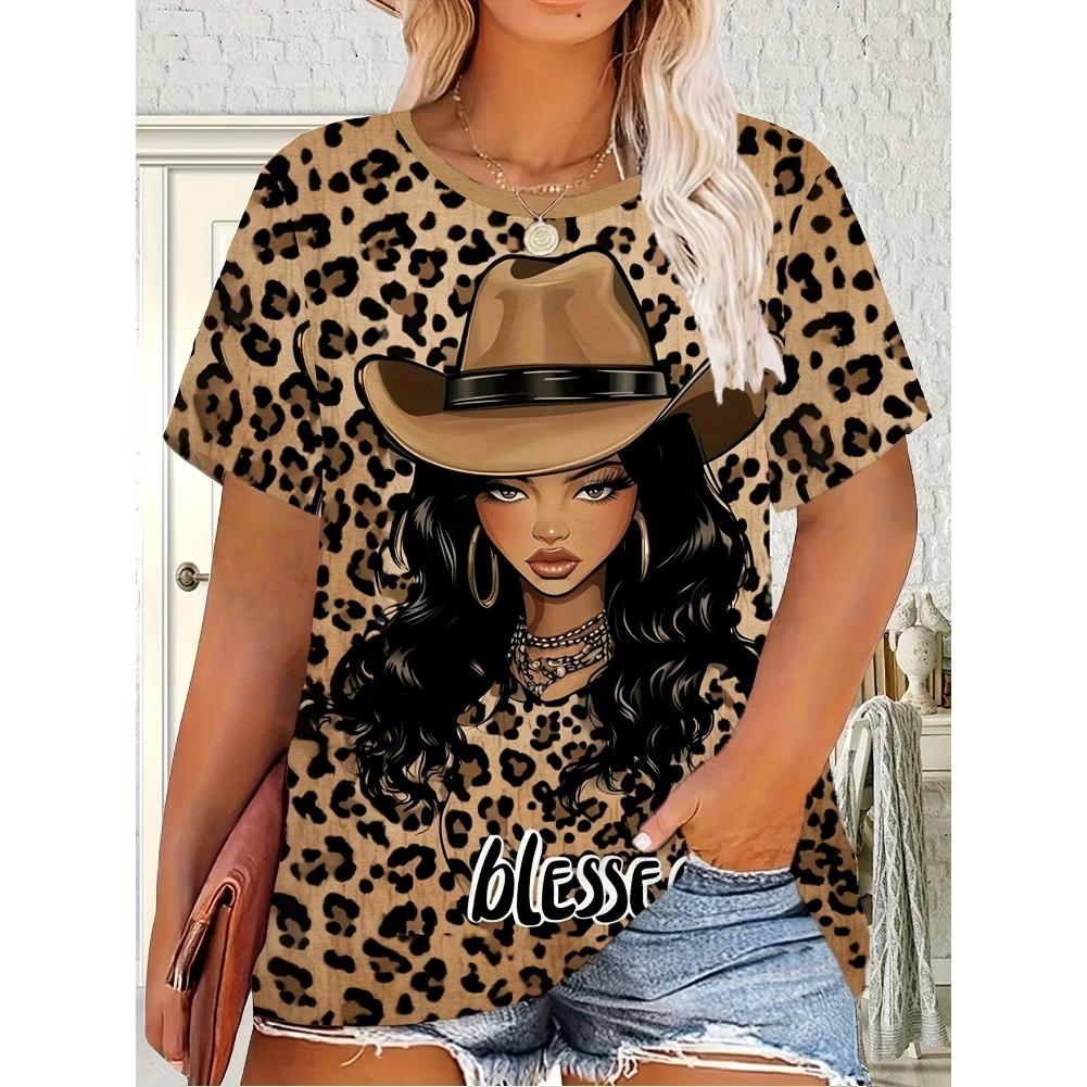 Plus Size Casual Crew Neck Short Sleeve Cartoon Animal Print T-Shirt - Soft Stretch Polyester Fabric Spring and Summer Womens Relaxed Fit Clothing
