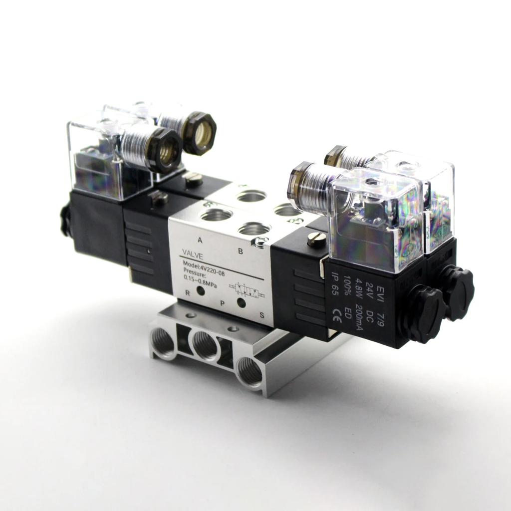2 - 5 Row Pneumatic 5 Way Double Solenoid Valve Block 4V220-08 Plate With Fitting Manifold 12V DC 24V AC 110V 220V 5/2 24VDC