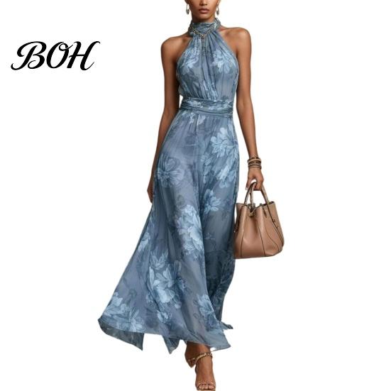 Halter Neck Dress Floral Chiffon for Women, Sleeveless Ruched Maxi Green Print Dress, Turtle Wedding Guest Cocktail Evening Waist Slimming