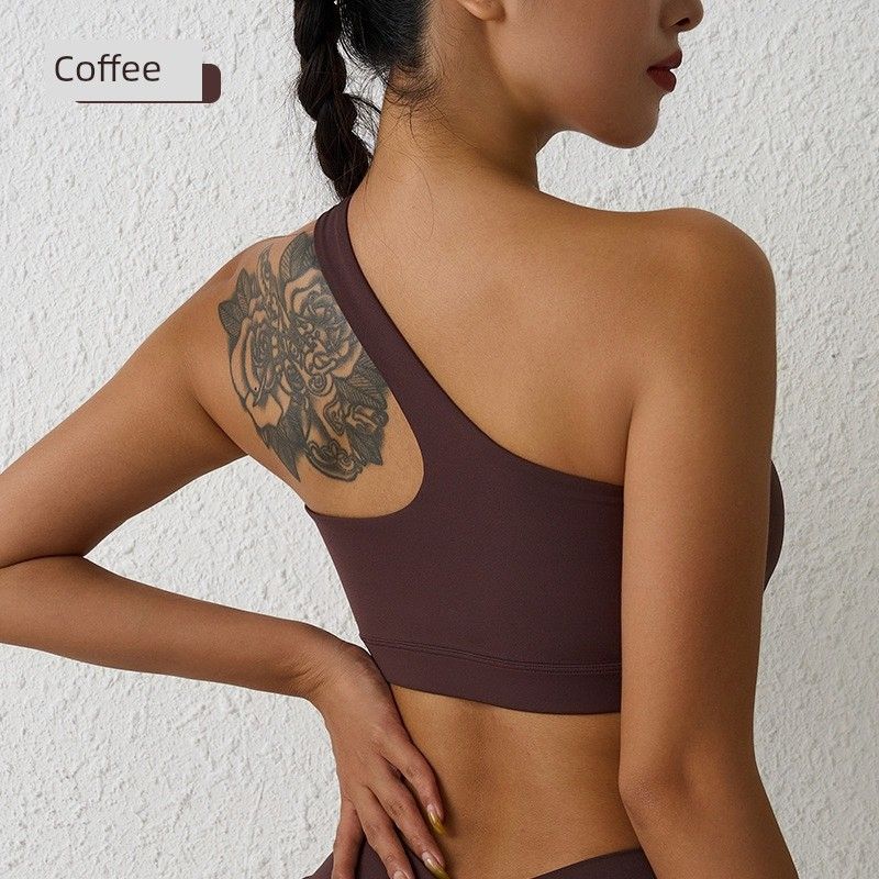 Nude Feel Sports Underwear One Shoulder Yoga Bra Removable Sports Beauty Back Bra Fitness Sports Outer Wear Sloping Shoulder