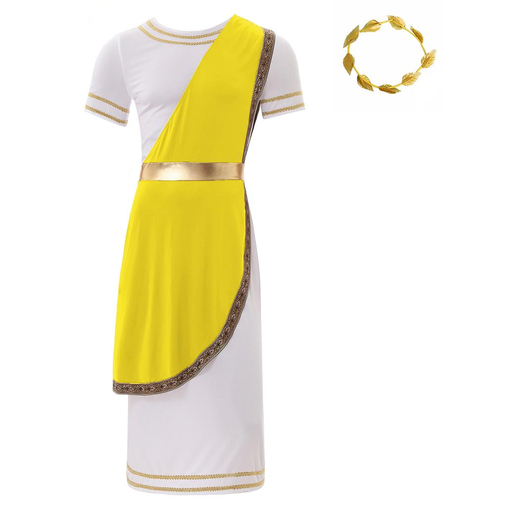 Mens Ancient Greek Toga Costume Short Sleeve Retro Gold Trim Roman Robe Headband Cosplay