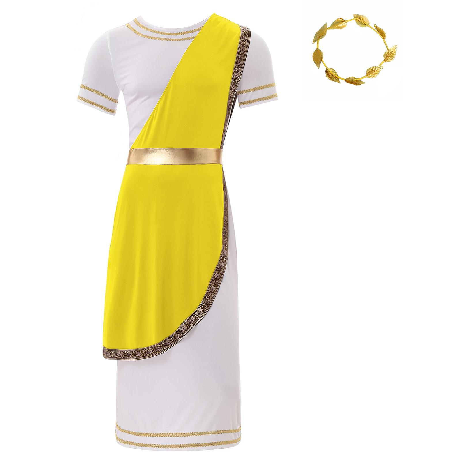 

Мужской костюм древнегреческой тоги с коротким рукавом и золотой отделкой в стиле ретро, римская мантия, повязка на голову для косплея M жёлтый