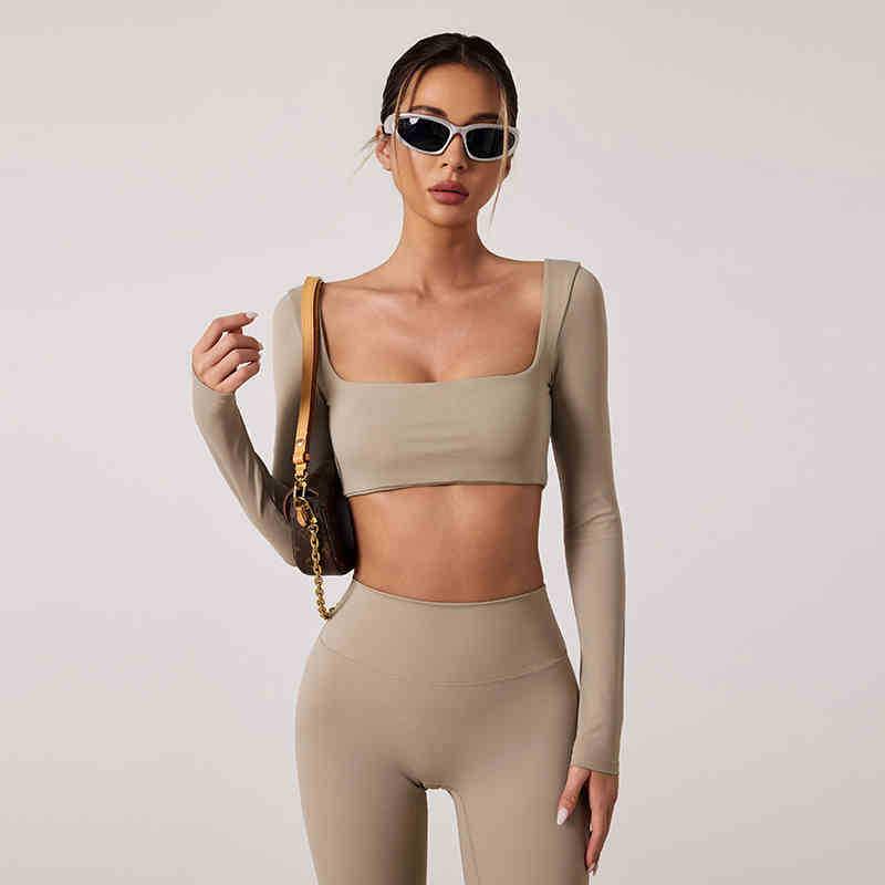 European & American Dance Yoga Wear: Sexy Square Neck Long Sleeve Top & High Waist Hip-Lifting Pants Set