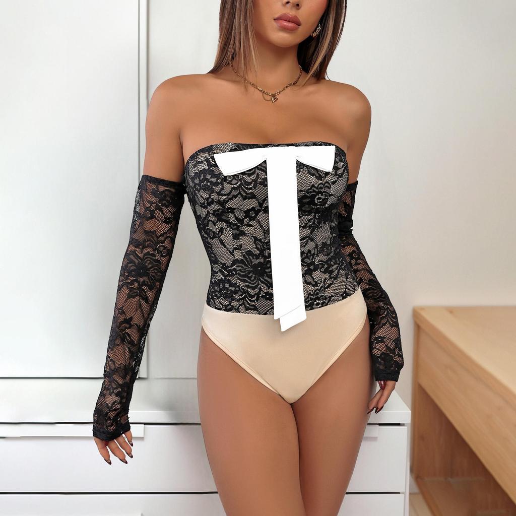 Sexy Summer Women Lace Bodysuits Solid Color Short Sleeve Boat Neck Tights Jumpsuits