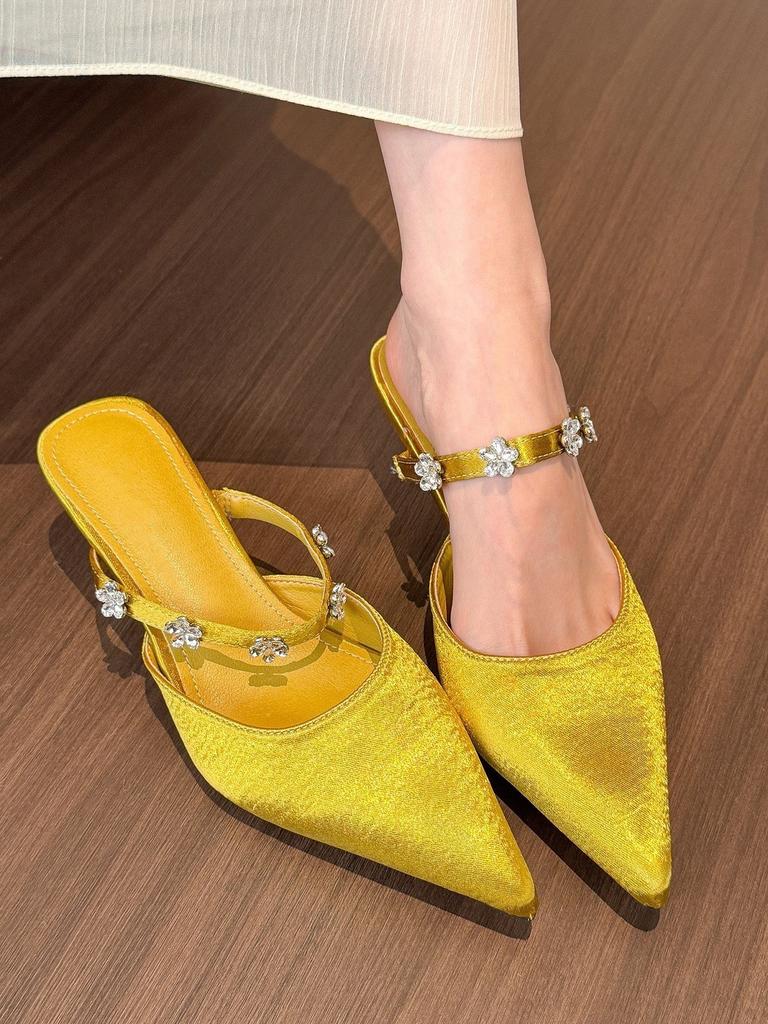 Cold Temperament! Silver Pointed Toe with Half Slippers Women's Satin Shoes