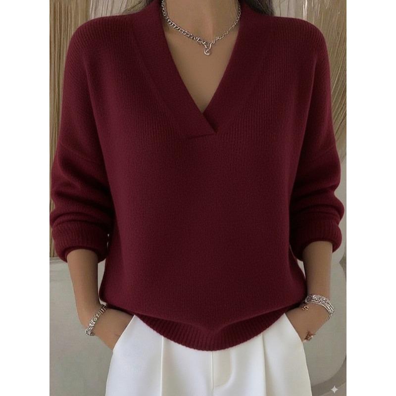 Damen S V-Ausschnitt Unifarben Locker Gestrickter Pullover Herbst Basisschicht