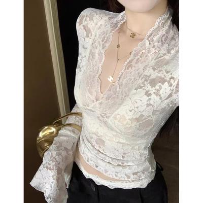 Camicie in pizzo aderenti con scollo a V sexy primaverili per donna, alla moda, eleganti, base, eleganti, camicette da donna, vintage, a maniche lunghe, solide, da ufficio, da donna, camicette 26131
