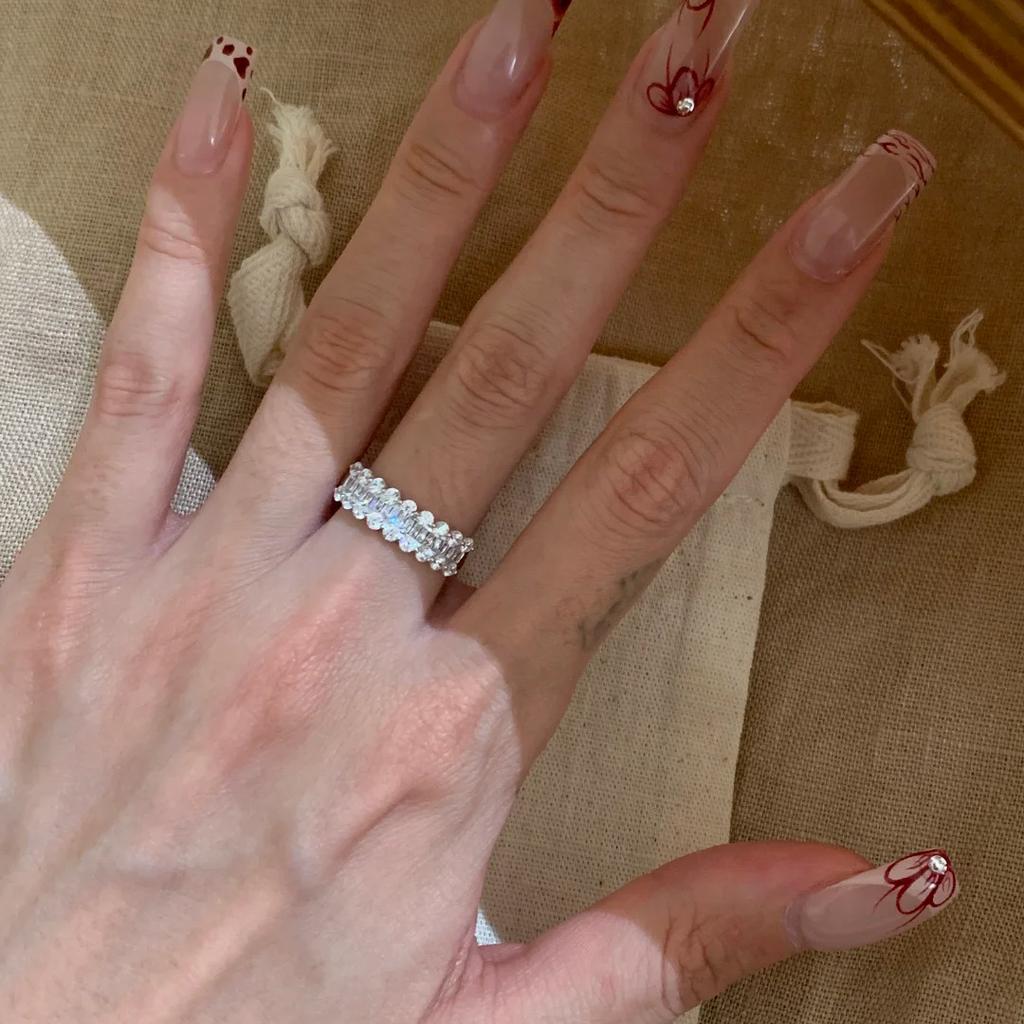 Zircon Full Diamond Heavy Industry Ring T Square Diamond Sugar Cube Lace Bright Galaxy Ring Half Ring Diamond Row Ring