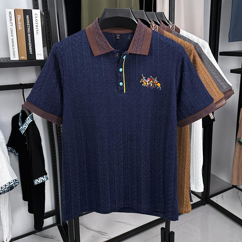 New Short-sleeved T-shirt Men's Autumn Knitted Sweater Embroidered Pattern Matching Jacquard Top