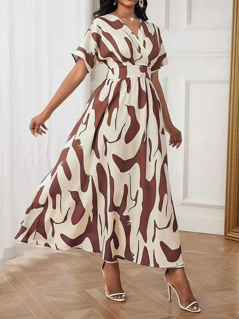 Elegant V-neck Waist-cinching Digital Print Women's Dress
