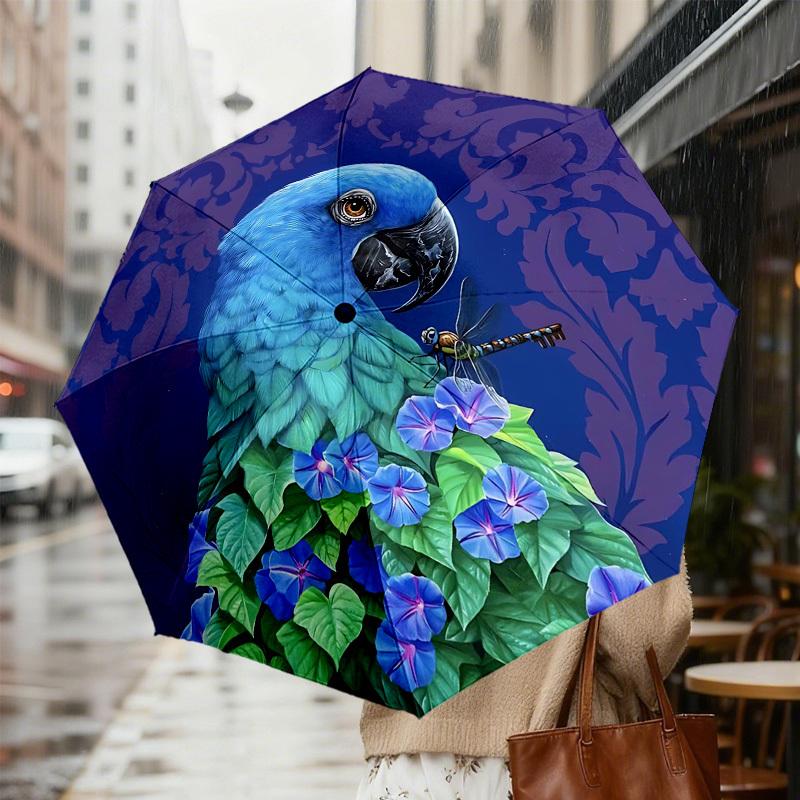 1pc Parrot Flowers Automatic Folding Umbrella 8 Rib Iron Frame,  Suitable for Travel, Daily Use, Birthday, Women & Men Gift