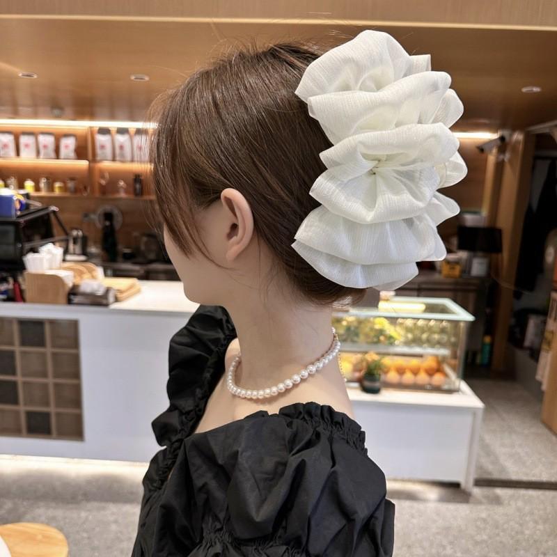 Large Summer Lace Edge Bow Claw Clip Hair Accessory for Women - Multi-Layer Feather Design