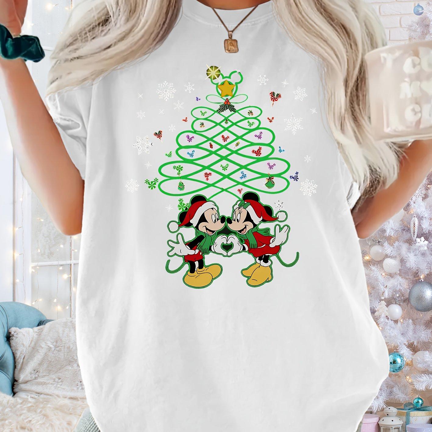 Christmas Mickey and Minnie Retro Pattern Tshirt Round Neck Casual S