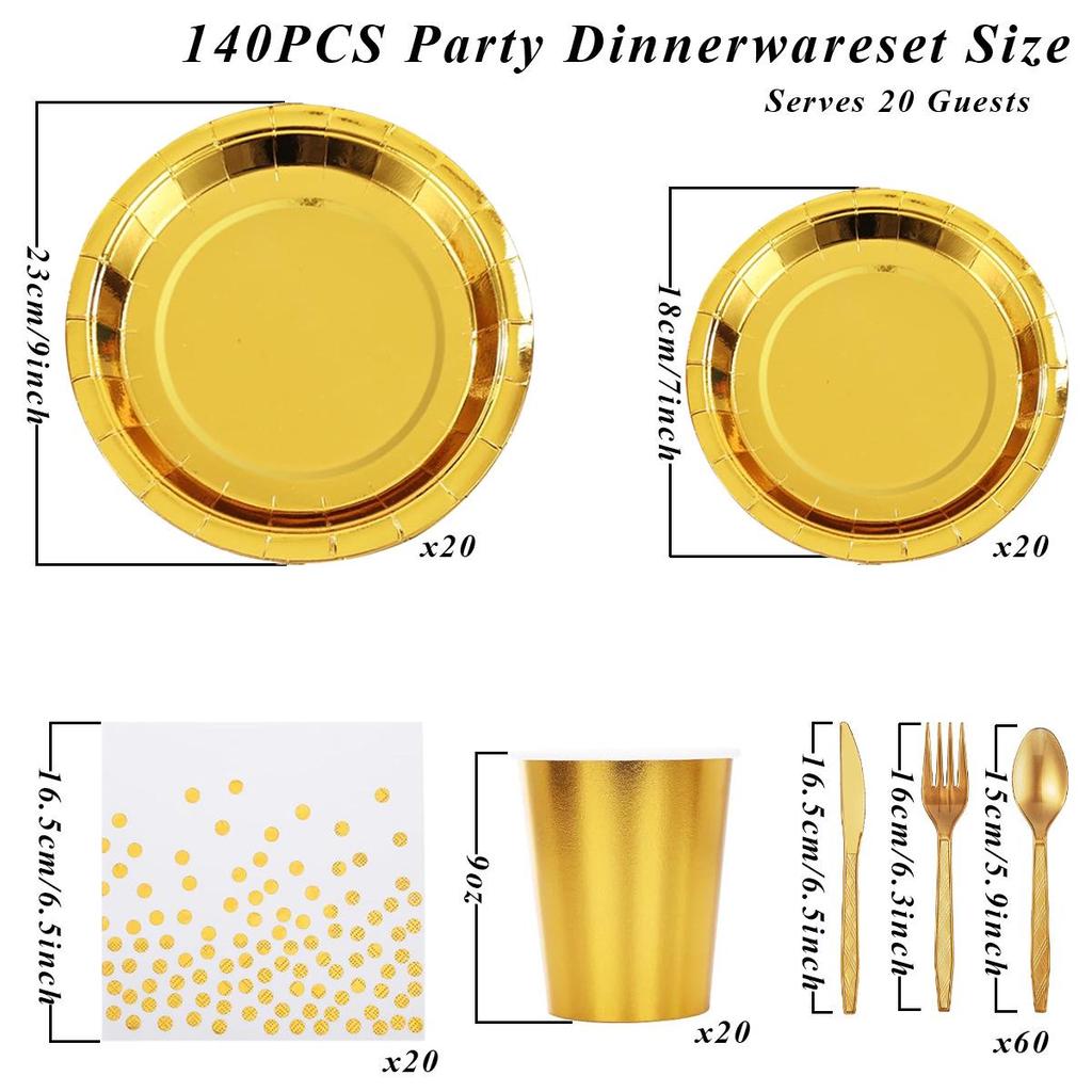 Gold Happy Birthday Party Tableware Set: Solid Color Disposable Plates, Cups, and Napkins with Hot Stamping Design.