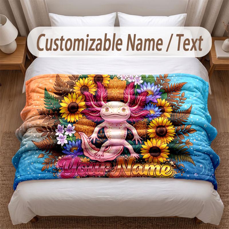 Axolotl Theme Soft Blanket Personalized Custom Name Text Print Warm Blanket Home Sofa Bedroom Decor