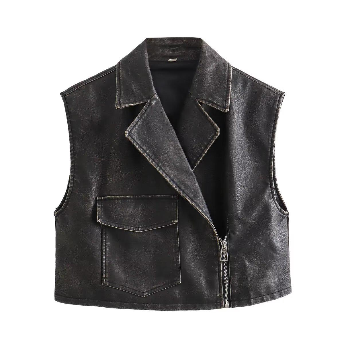 

European & American Women s Distressed PU Leather Vest - Versatile Fashion Piece Small коричневий/чорний