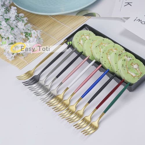 Easytoti 5-Piece Set of 13.5cm Cake and Dessert Forks, Stylish and Cute Mini Forks, 18/8 Stainless Steel, Brushed, Dishwasher Safe, Silver/Black...