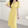ZANZEA Elegant Women Short Sleeve Side Button Waist Pleated Casual Midi Office Dress